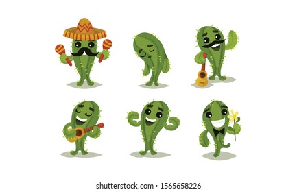 Cartoon Funny Cactus Character Vector Set. Cacti Playing Guitar