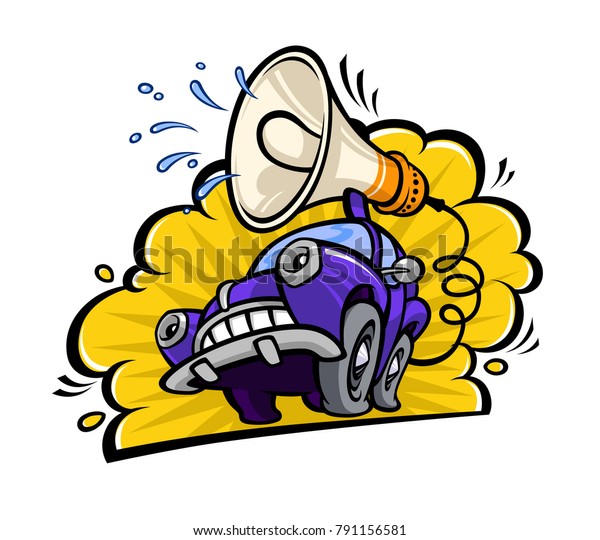 Cartoon funny car with a\
megaphone in a flat style. Vector Image isolated on white\
background. Icon illustration for print and website. Comic style.\
Mascot for the\
company.