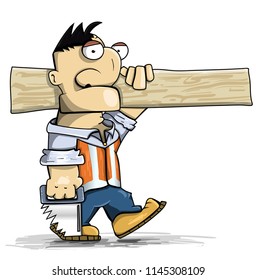 Cartoon funny carpenter going to work with saw