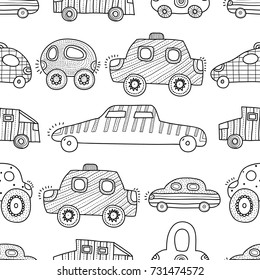 Cartoon funny cars. Seamless pattern. Coloring. Line background.