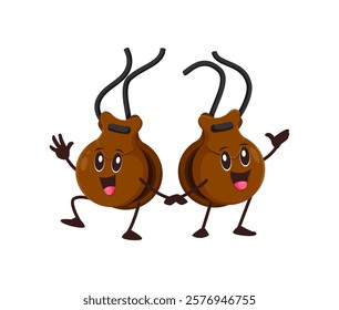 Cartoon funny castanets musical instrument characters with expressive faces evoking a lively and humorous musical vibe. Isolated vector percussion instrument personages happily dancing flamenco