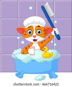 Cartoon funny cat bathing time