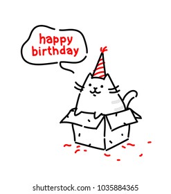 Cartoon funny cat, congratulates on his birthday. Vector flat illustration. The character is isolated on a white background. Kitty in the box. Cat's life. Character for the site and print postcards.