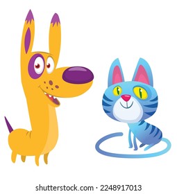 Cartoon funny cat and dog set. Fat striped cat illustration. Vector isolated.