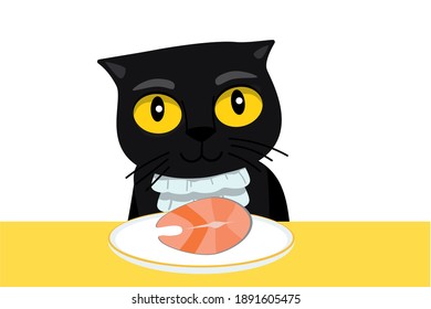 Cartoon funny cat eats salmon fish. Healthy Eating Illustration. Pet Diet.