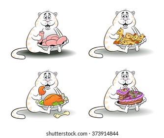 Cartoon funny cat eats sausage, fish, chicken, cake. Vector illustration.