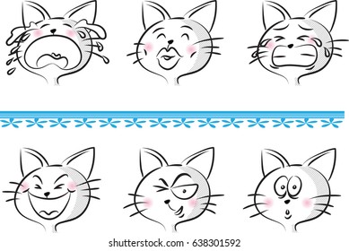 cartoon funny cat face set