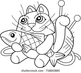 cartoon funny cat with fish