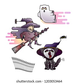 Cartoon funny cat, flying witch, ghost. Halloween vector illustration. Cute icons set for Halloween design. Colorful hag, spook and cat labels. 