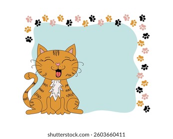 Cartoon funny cat and footprints, paw prints. Frame, border with pet, kitten. Place for text, postcard design, information banner. Funny laughing cat. Vector doodle illustration, isolated background.