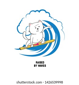 Cartoon funny cat isolated on white background. Cute, funny animal, cats character with surfboard on waves used for magazine, book, poster, card, web pages.