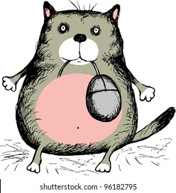  cartoon, funny cat kept in the mouth of a computer mouse