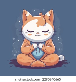 Cartoon funny cat mascot meditating vector illustration character concept animal icon isolated