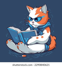 Cartoon funny cat mascot reading book vector illustration character concept animal education icon