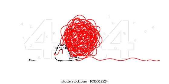 Cartoon funny cat on page 404. Vector flat illustration. The character is isolated on a white background. Cat with a ball of threads and a mouse. Funny kitty for the site and postcards. Mascot.