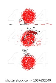 Cartoon funny cat on page 404. Vector flat illustration. The character is isolated on a white background. Cat with a ball of threads and a mouse. Funny kitty for the site and postcards. Mascot.