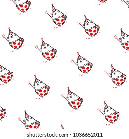 Cartoon funny cat, pattern, ornament. Vector flat illustration. The character is isolated on a white background. Ornament, pattern for fabric. Funny kitty for the site and postcards. Mascot.