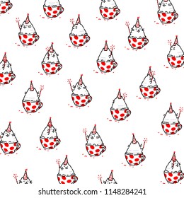 Cartoon funny cat, pattern, ornament. Vector flat illustration. The character is isolated on a white background. Ornament,  pattern for fabric. Funny kitty for the site and postcards. Mascot.