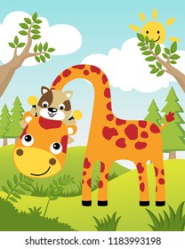 Cartoon of funny cat riding on giraffe's neck in jungle on blue sky background