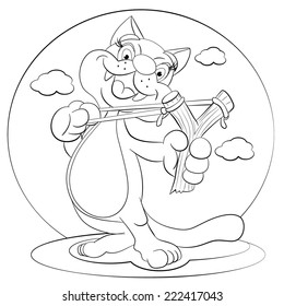 Cartoon funny cat shoots a slingshot. Coloring book.