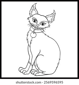 Cartoon funny cat sitting line art