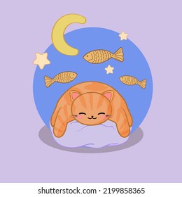 cartoon funny cat sleeps on a soft pillow and has a dream about fish-shaped cookies