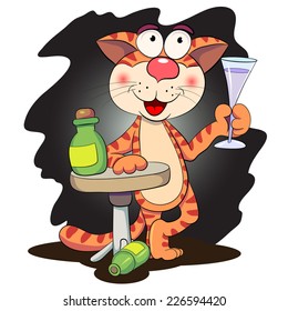 Cartoon funny cat toast and holding a wineglass.