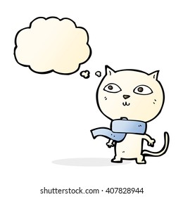 cartoon funny cat wearing scarf with thought bubble
