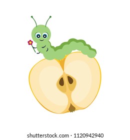 Cartoon funny caterpillar with flower on apple. Vector illustration in simple, flat, kids style on white background.