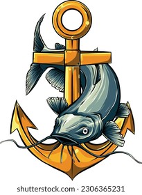 Cartoon funny catfish with anchor on white background