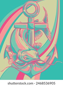 Cartoon funny catfish with anchor on white background