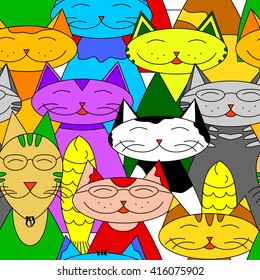 Cartoon funny cats with fish. Cats seamless pattern. Smiling cats vector illustration. For textile, wrapping paper, wallpaper design.
