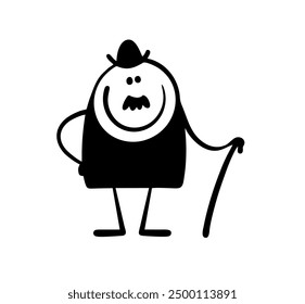 Cartoon funny character in   black tailcoat with a bowler hat and a cane. Vector illustration of a stickman man with a retro mustache. Vintage costume for carnival. Isolated person on white.