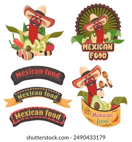 Cartoon funny character chili pepper with vegetables. National spicy food. Color text on wooden frame. Cooking concept. Doodle hand drawn mexican elements. Vector illustration