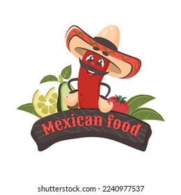 Cartoon funny character chilli pepper with vegetables. Mexican food text on wooden frame. Doodle drawn vector illustration for dishes, menu, poster, flyer, banner, delivery, cooking concept 