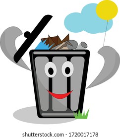 Cartoon funny character trash can with an inviting gesture. Environmental Protection. Colorful clipart for label, badge, logo, pattern on clothes.