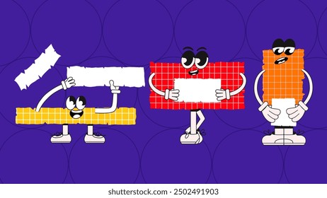 Cartoon funny characters in the form of torn pieces of paper.  Set of retro checkered notes. Vector illustration