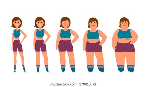 Cartoon funny characters isolated on white background. Vector illustration of fat woman different stages. Obesity process. Health and weight problems. Illustration - weight loss before and after.