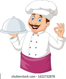Cartoon funny chef holding a silver platter and ok sign