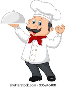 Cartoon funny chef with a moustache holding a silver platter 