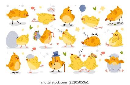 Cartoon funny chick characters, cute Easter bird baby vector set. Kawaii little chicken personages hatch from egg shell, wear gentleman attire, prepare to fight, sleeping, peck the grains and chirping