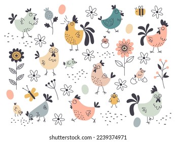 Cartoon funny chicken characters. Decorative domestic birds, laying hens, cockerels and eggs, cute easter holiday elements, hand drawn spring flowers and leaves tidy vector cartoon flat set