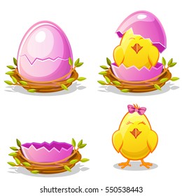 Cartoon funny chicken and pink egg in a nest of twigs in various stages of development, chick young girl with bow ribbon