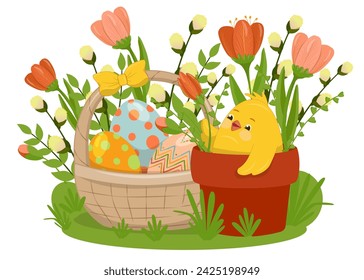 Cartoon funny chicken in a pot with tulips with a basket of colorful Easter eggs. Basket decorated with a bow. Chicken with a basket of eggs and tulips. Vector illustration for stickers, cards, poster