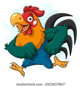 Cartoon funny chicken running on white background