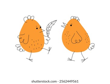 Cartoon funny chickens. Easter design. Simple drawing, doodle, line icons. Domestic animals, feather, poultry. Vector illustration, white background.