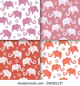 Cartoon funny childish elephant seamless pattern set. Cute backgrounds collection, vector illustration, red pink and white