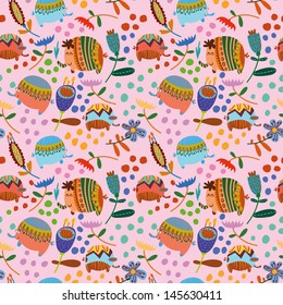 Cartoon funny childish elephants in flowers. Cute seamless pattern for nice backgrounds