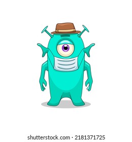 cartoon funny childish green with medical mask alien vector illustration. Vector illustration