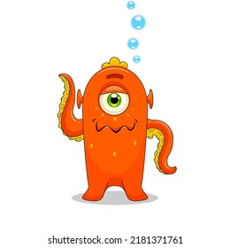cartoon funny childish red underwater with bubbles alien vector illustration. Vector illustration